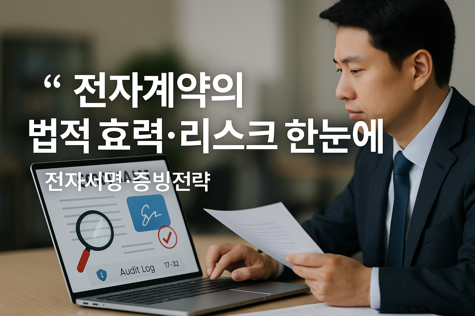 전자서명과 타임스탬프가 표시된 전자계약 문서를 노트북 화면에서 검토하는 한국인 전문 컨설턴트의 클로즈업 장면으로, 계약의 본질과 전자계약의 법적 효력, 리스크 관리, 증빙 전략(무결성&middot;감사 로그&middot;해시&middot;접근통제)을 강조한 전문적 사무실 분위기.