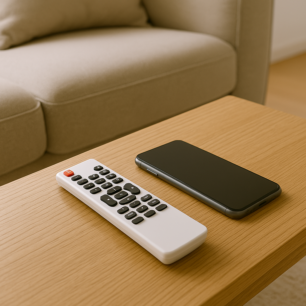 리모컨과 스마트폰이 반듯하게 놓인 청결한 거실 테이블 위 모습