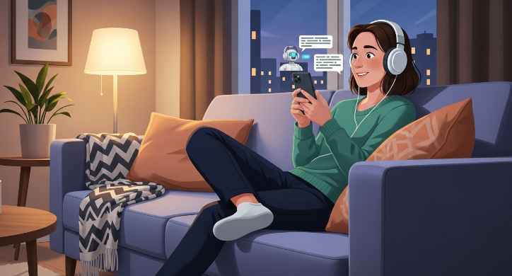 소파에 앉아 AI 챗봇과 편안하게 대화하며 언어를 학습하는 사람