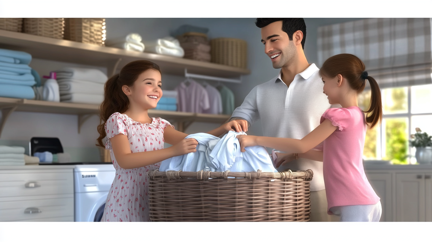 세탁실에서 깨끗한 빨래를 다루며 밝은 미소로 만족감과 편리함을 표현하는 삼성 그랑데와 함께 하는 행복한 가족.