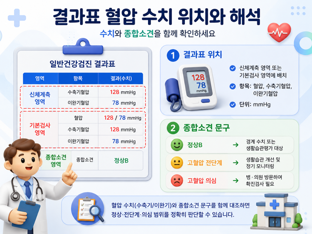 건강검진 결과표에서 혈압 수치가 기재되는 위치와 종합소견 문구 대조 방법을 장난감 스타일로 설명한 인포그래픽