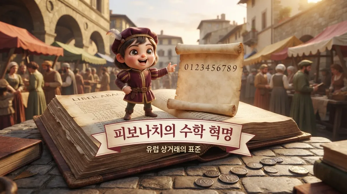 유럽 상인들에게 인도 아라비아 숫자의 셈법 우수성을 설명하는 피보나치와 주판 상인들의 모습