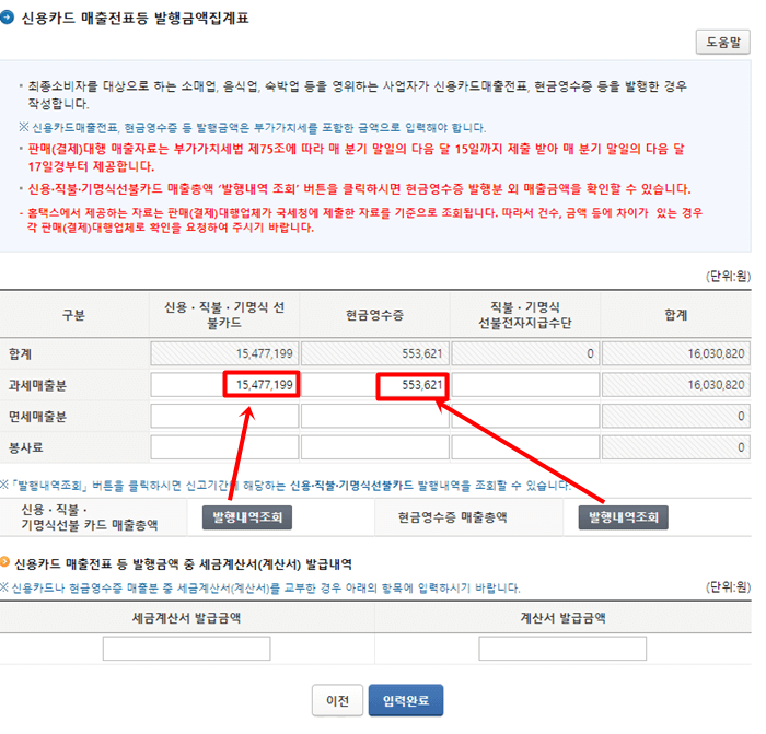 신용카드 매출전표 등 발행금액 집계표