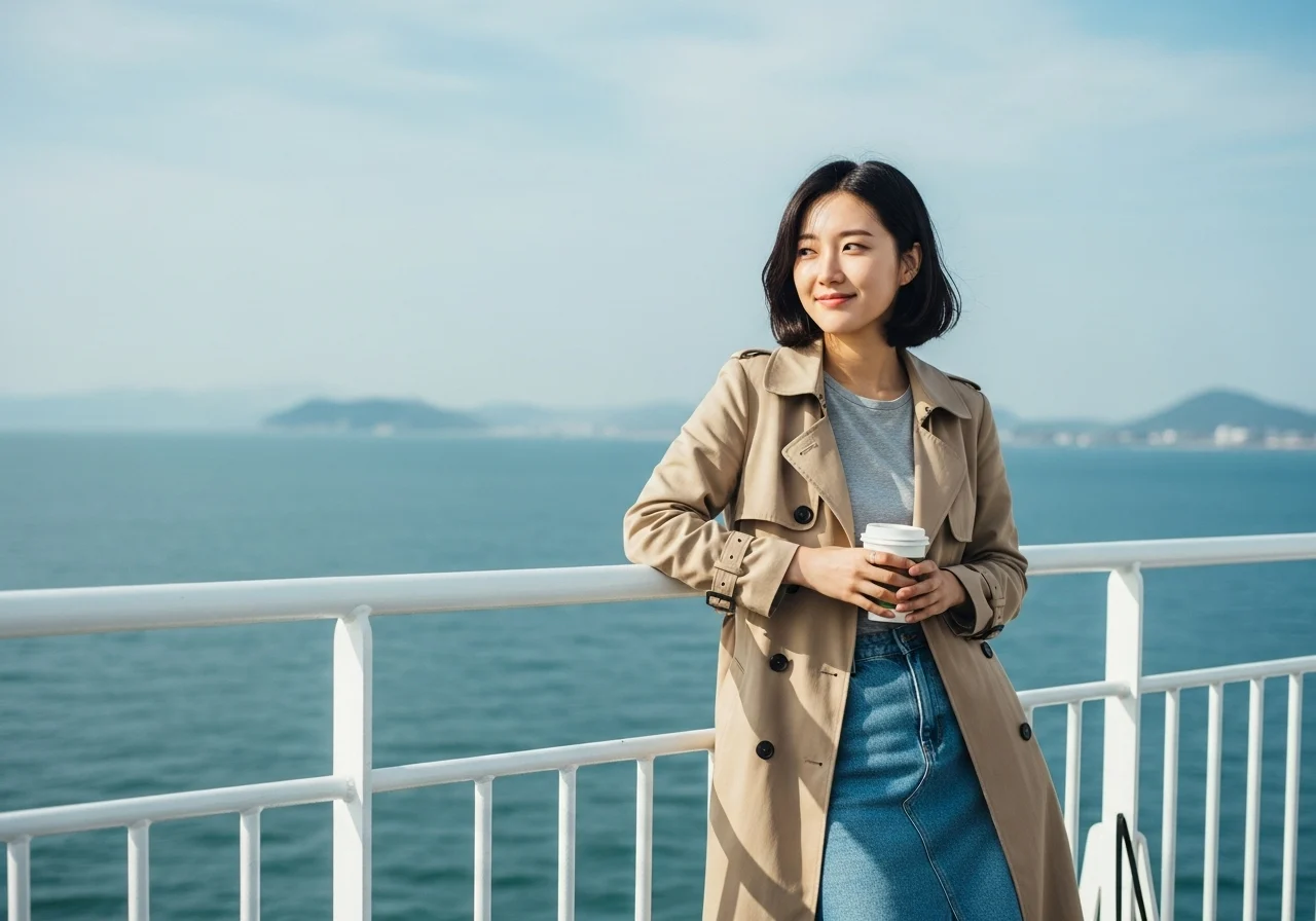 노바스코샤행 페리 갑판에서 난간에 기대어 바다를 바라보는 모습
