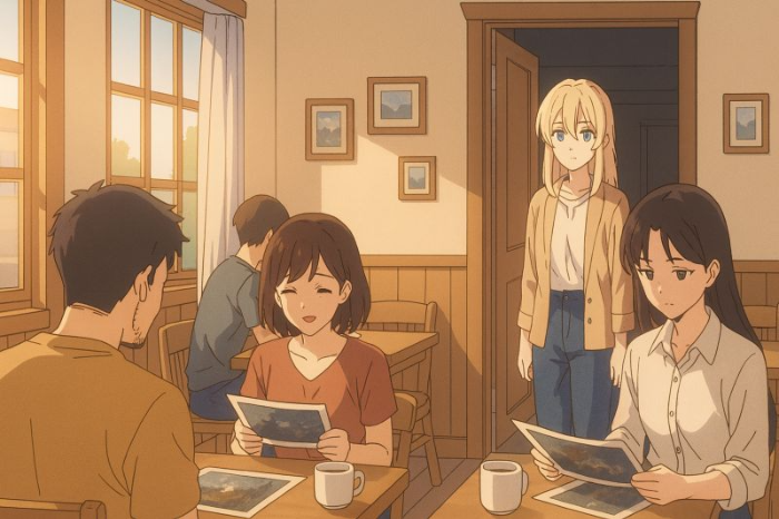 주말에 사진 모임에 나와 사진을 보는 사람들과 처음 모임에 참여한 여자가 문으로 들어오는 장면