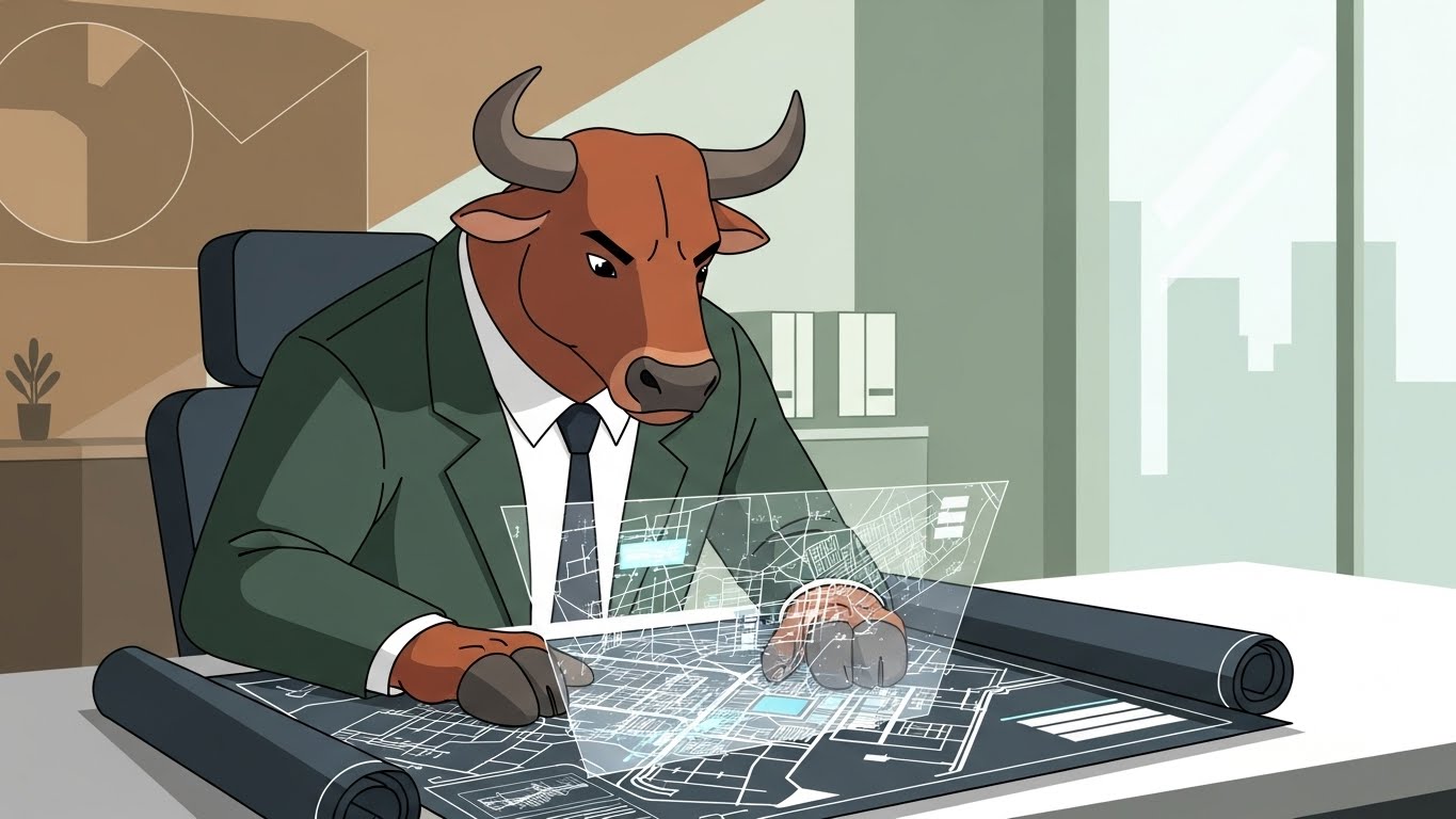 단단한 기초를 다지기 위해 정교한 계획과 점검을 진행하는 소띠의 신중한 모습 일러스트