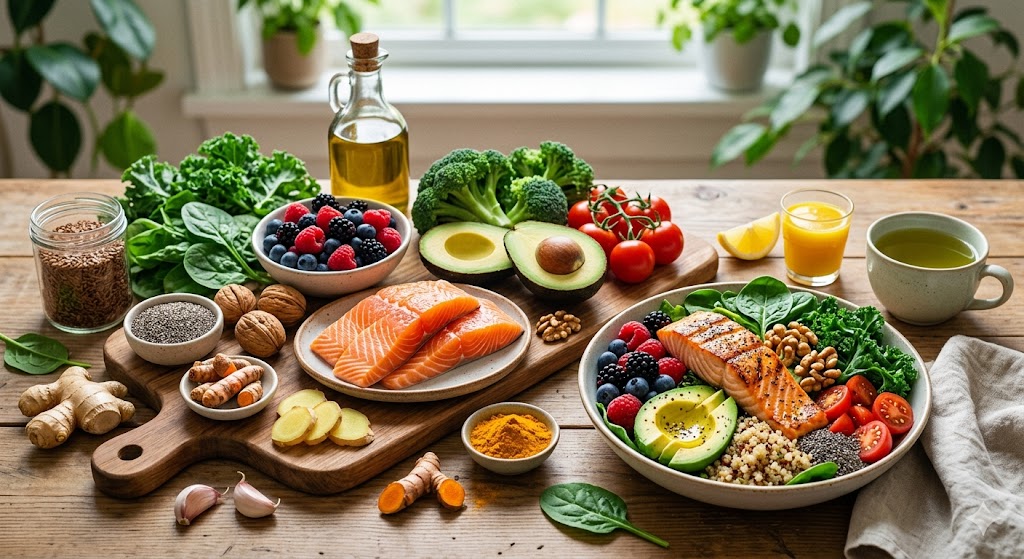 [몸속 염증 수치를 낮추는 오메가3와 항산화 성분이 풍부한 항염 식단 이미지