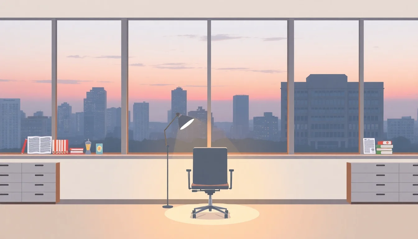 창가에 놓인 책상과 의자, 창밖으로 보이는 도시 풍경