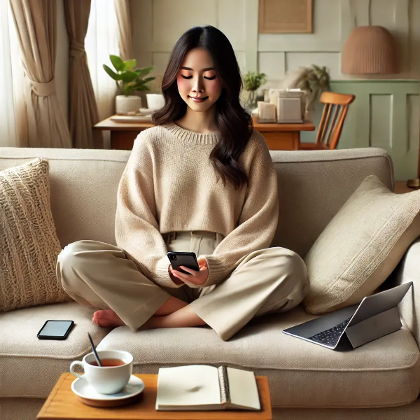 디지털 기기를 모두 끄고 차와 노트북 없이 소파에서 조용한 시간을 보내는 동양인 여성의 초고해상도 사진