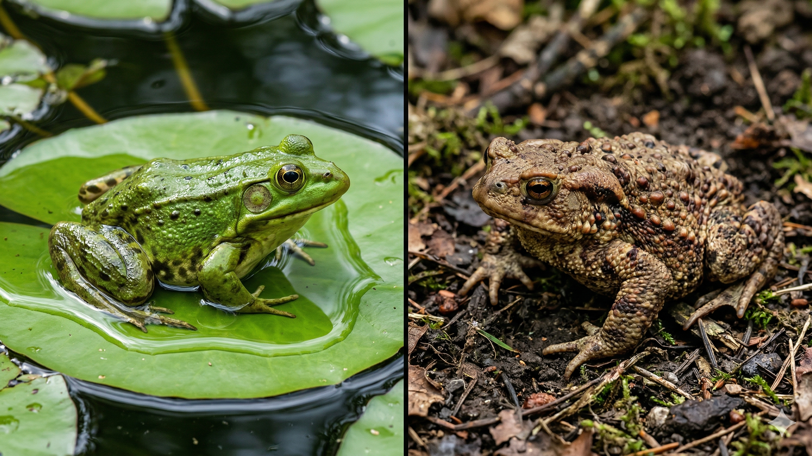 매끈한 피부의 개구리와 거친 피부의 두꺼비 전신 비교