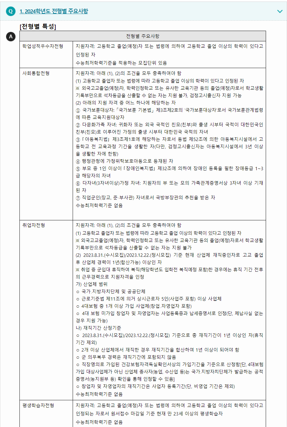 2024학년도 창원대학교 학생부교과전형 전형별 주요사항