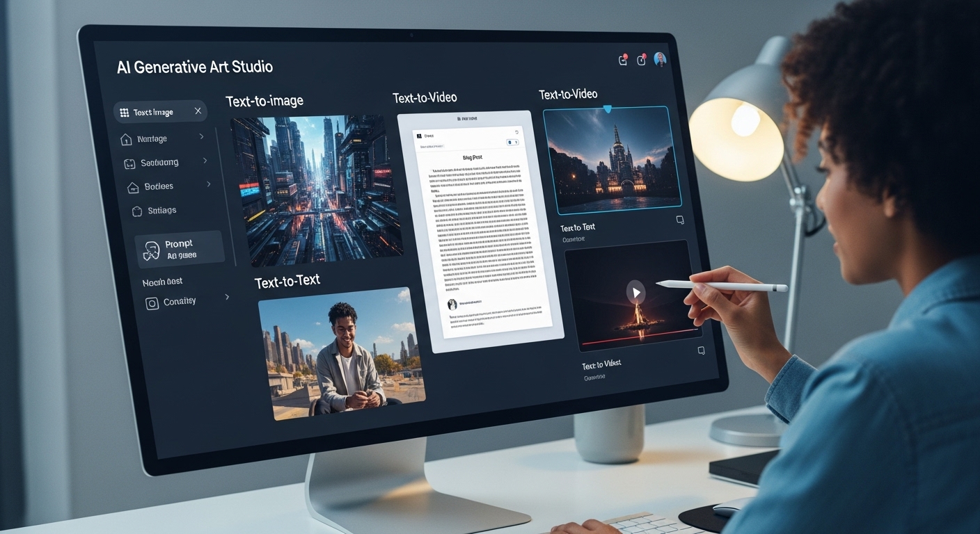 AI 기반 콘텐츠 제작 스튜디오 화면. 글쓰기, 이미지, 영상 생성 툴들이 보이며, 사용자가 AI로 만든 창작물을 보며 작업하고 있습니다.