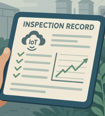 한 손에 들린 태블릿 화면에 &lsquo;IoT 점검 기록&rsquo;과 그래프가 표시되어 있으며, 배경에는 공장과 환기 팬이 보이는 스마트 농장 내부