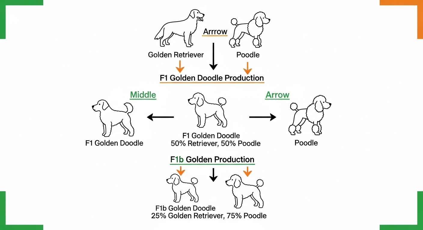 골든두들 F1과 F1b 세대 교배 방식을 설명하는 유전학적 다이어그램. 부모견과 자손 세대가 화살표로 연결되어 있다.