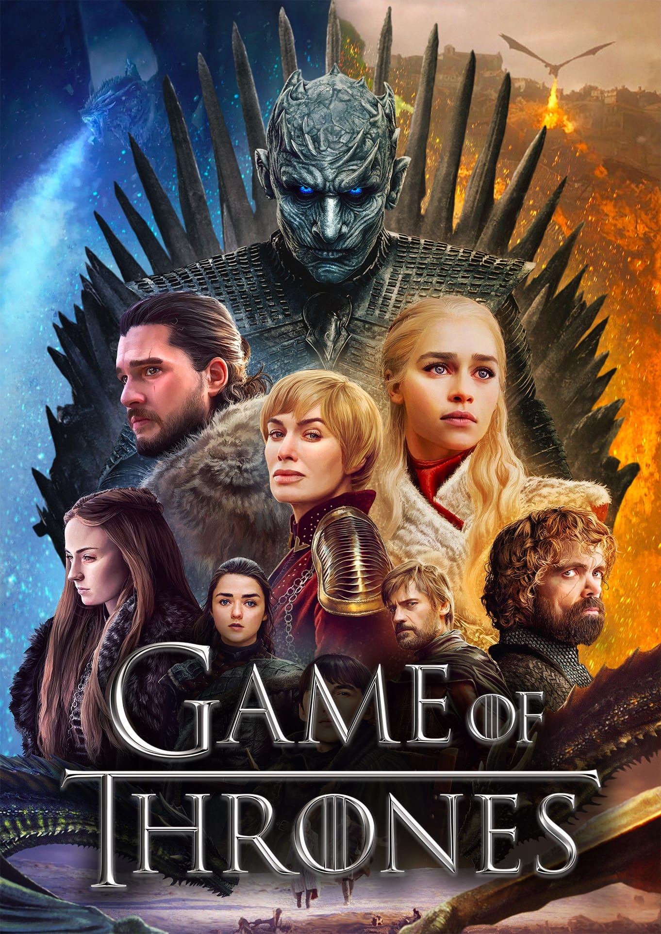 "Game of Thrones (왕좌의 게임) 공식 포스터. 나이트 킹을 중심으로 존 스노우, 대너리스, 세르세이, 아리아, 티리온 등 주요 캐릭터 등장. 아이언 스론 배경, 용과 전쟁 장면 포함."