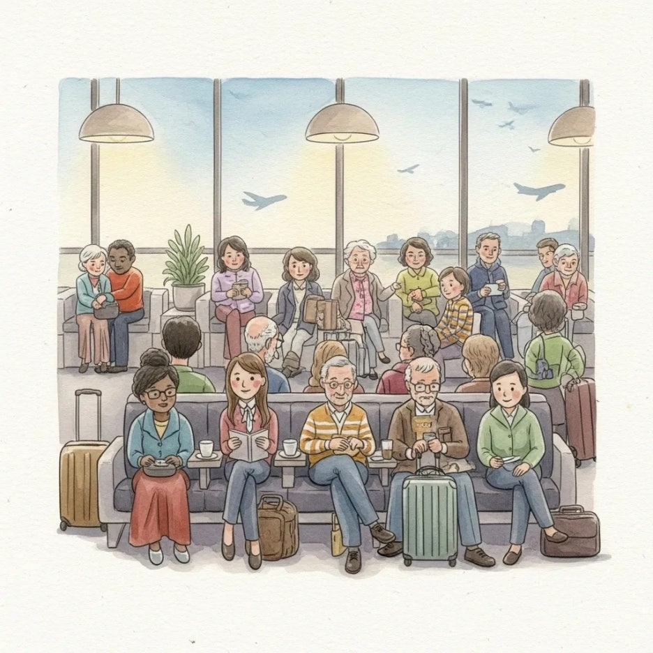 다양한 국적의 사람들이 함께 있는 공항 라운지