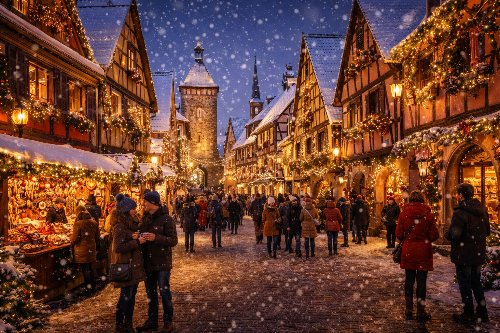 프랑스 알자스 지방 겨울 축제 기간에 눈 덮인 중세 마을 골목에서 조명으로 장식된 목조 가옥과 크리스마스 마켓을 사람들이 거닐고 있는 풍경