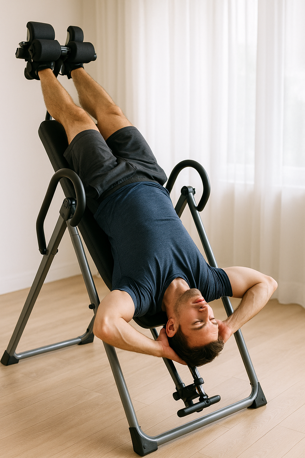 허리 통증과 관련된 거꾸리 운동기구 사진