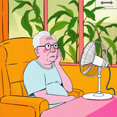 여름 선풍기 앞에 앉은 노인 모습