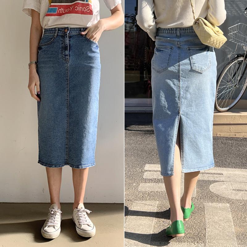 H라인 데님스커트 스판 7부 뒷트임 밴딩 미디 청치마 봄 데님롱스커트