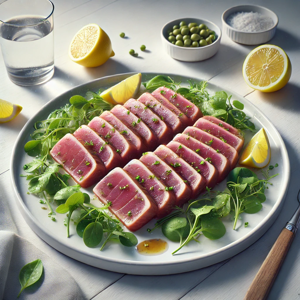 깔끔한 접시에 담긴 신선한 참치 요리, 레몬과 채소로 가니쉬된 건강한 다이어트 식사