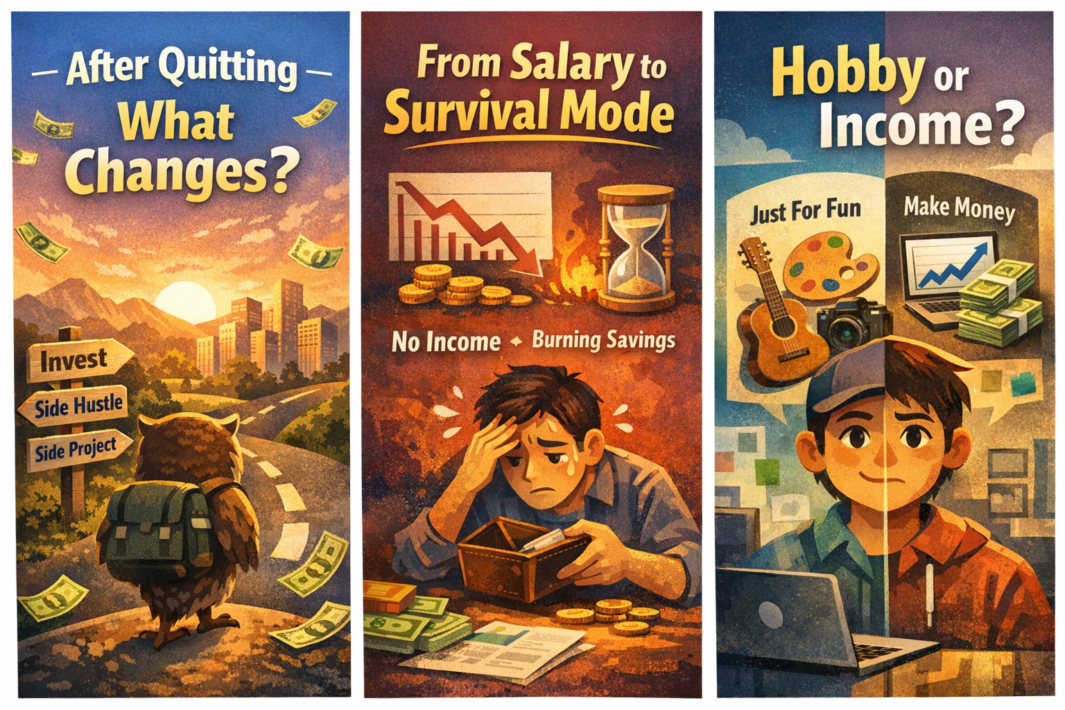 퇴사 이후 사이드 프로젝트를 취미로 할지 수익화할지 고민하는 대비 장면