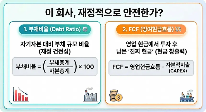 부채비율 계산 공식과 FCF 잉여현금흐름 뜻을 정리한 주식 투자 필수 숫자 기업 안전성 분석 그래픽 카드
