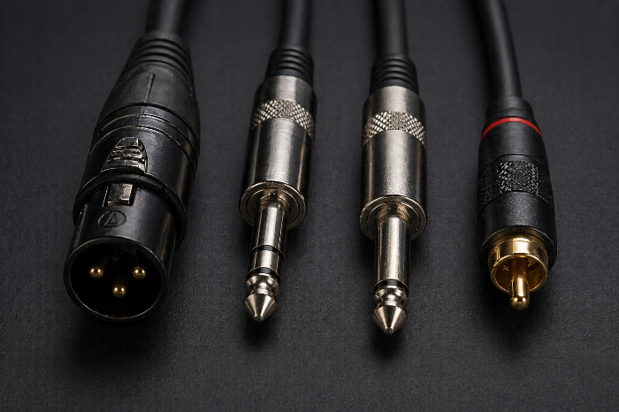 XLR, TRS, TS, RCA 커넥터가 나란히 배치된 근접 이미지
