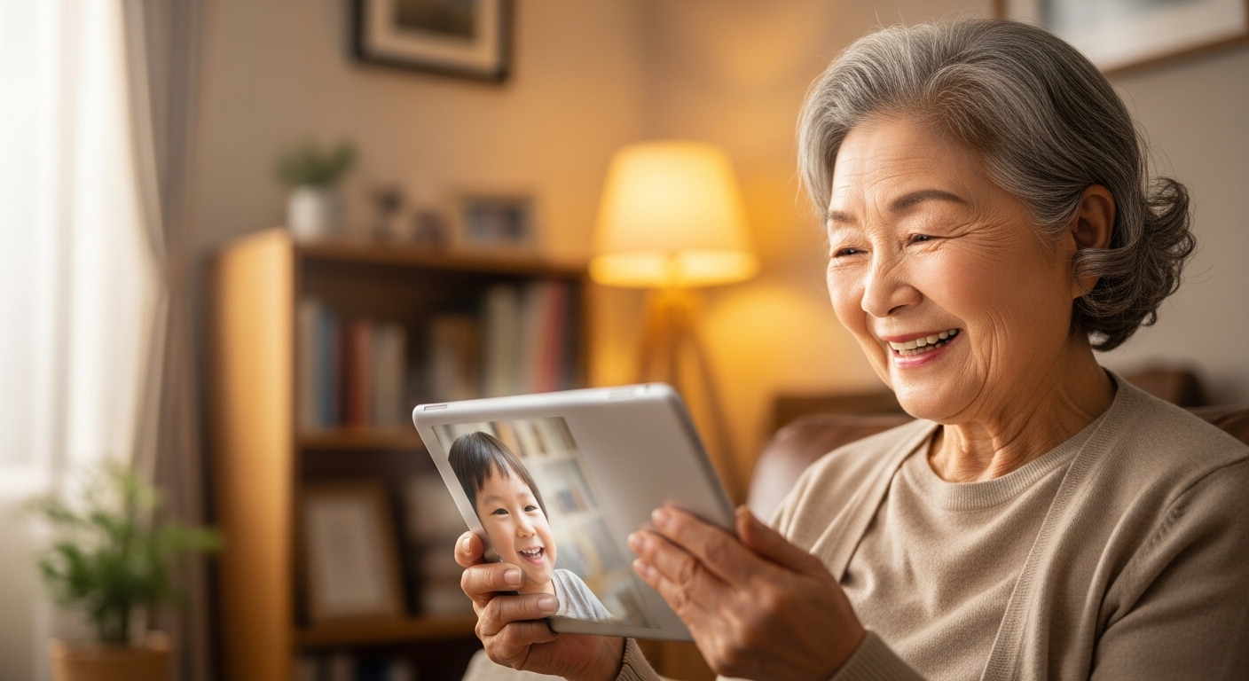 태블릿으로 손주와 화상 통화를 하며 행복하게 웃는 시니어 여성