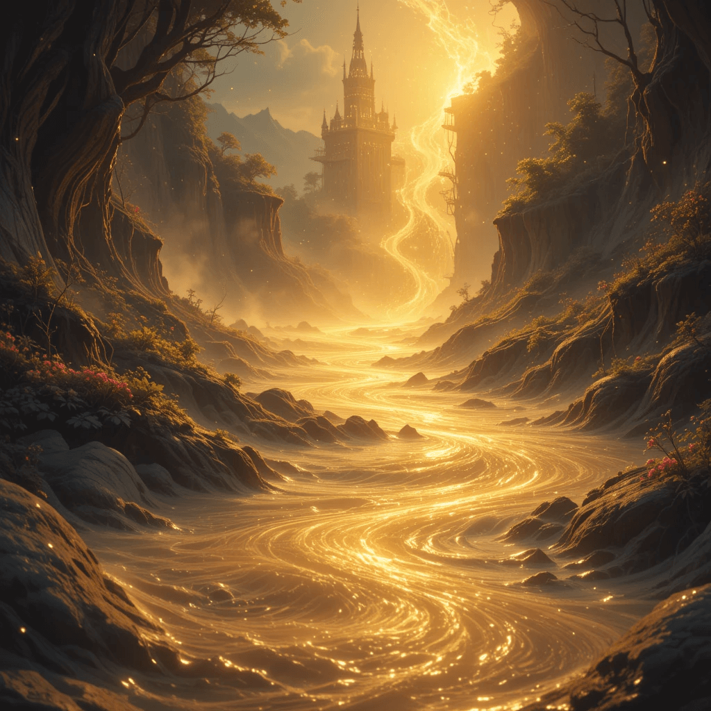 물(홍수)이 나오는 길몽 중 물이 금빛으로 빛나는 꿈의 이미지입니다.