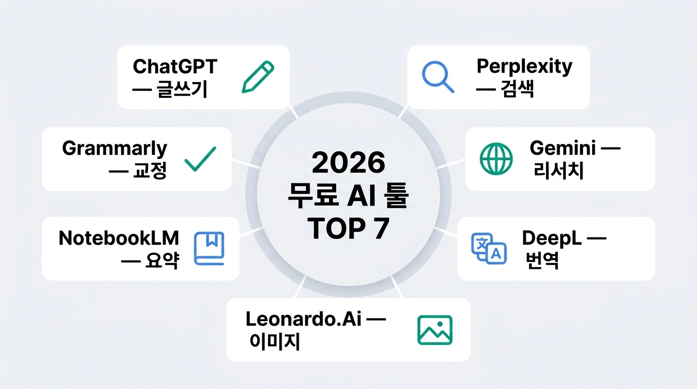 alt : 2026 무료 AI 툴 추천 TOP 7 업무별 정리 인포그래픽