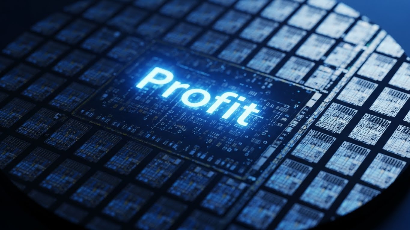 Close-up of a semiconductor wafer with a glowing 'Profit' text overlay, futuristic blue lighting, symbolizing strong earnings in the tech sector
