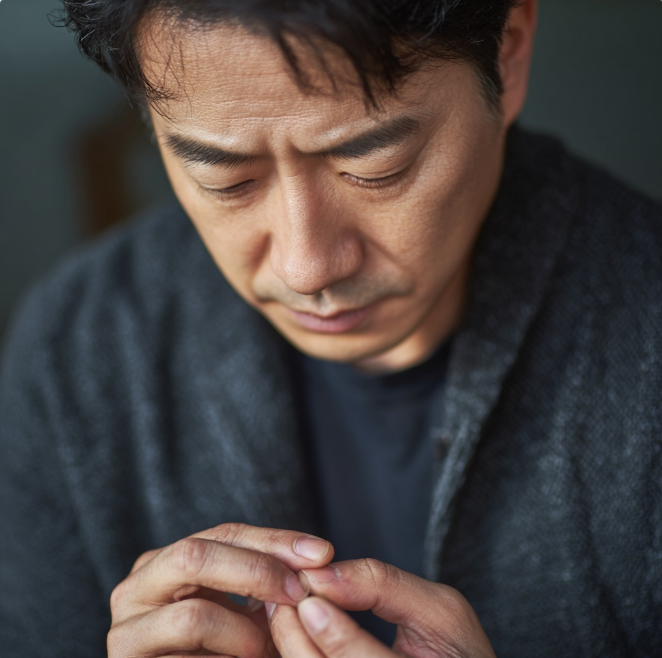 손톱에 세로줄이 있는지 확인하는 남성