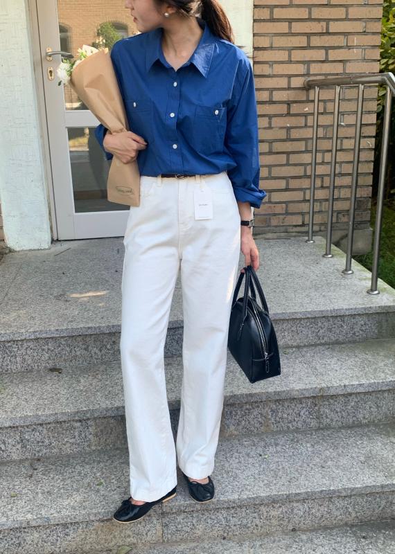 탄탄 하이웨스트 일자 와이드 화이트 데님 팬츠 화이트진