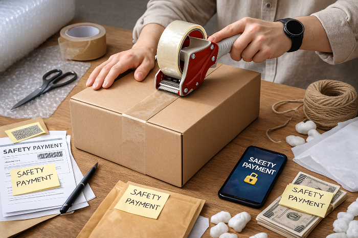 중고 거래 상품을 포장하는 손