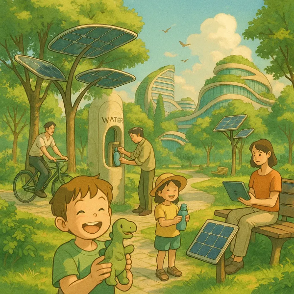 태양광 패널과 자연 친화적 건물이 어우러진 미래 공원에서 가족들이 자전거를 타고 물을 마시며 여유로운 시간을 보내는 따뜻한 감성의 일러스트