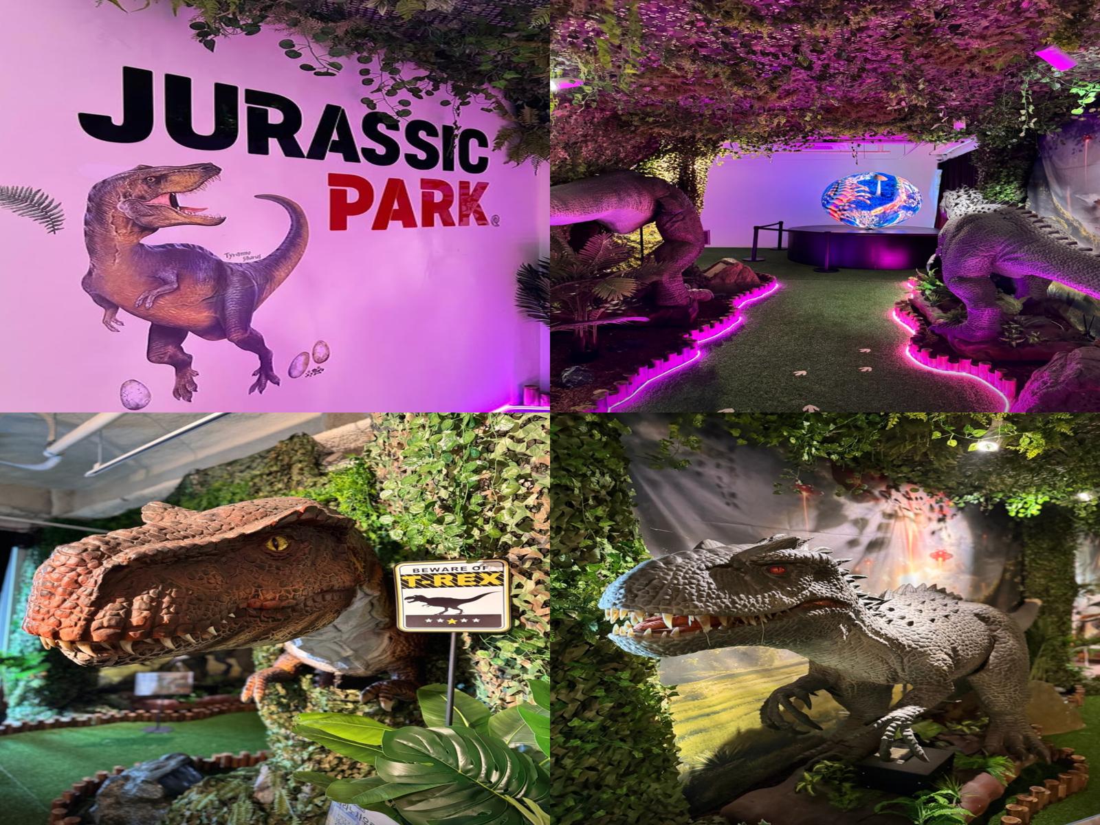 김포 수산공원 쥬라기 테마존의 공룡 조형물과 로고, 실내 전시 모습이 담긴 이미지 콜라쥬