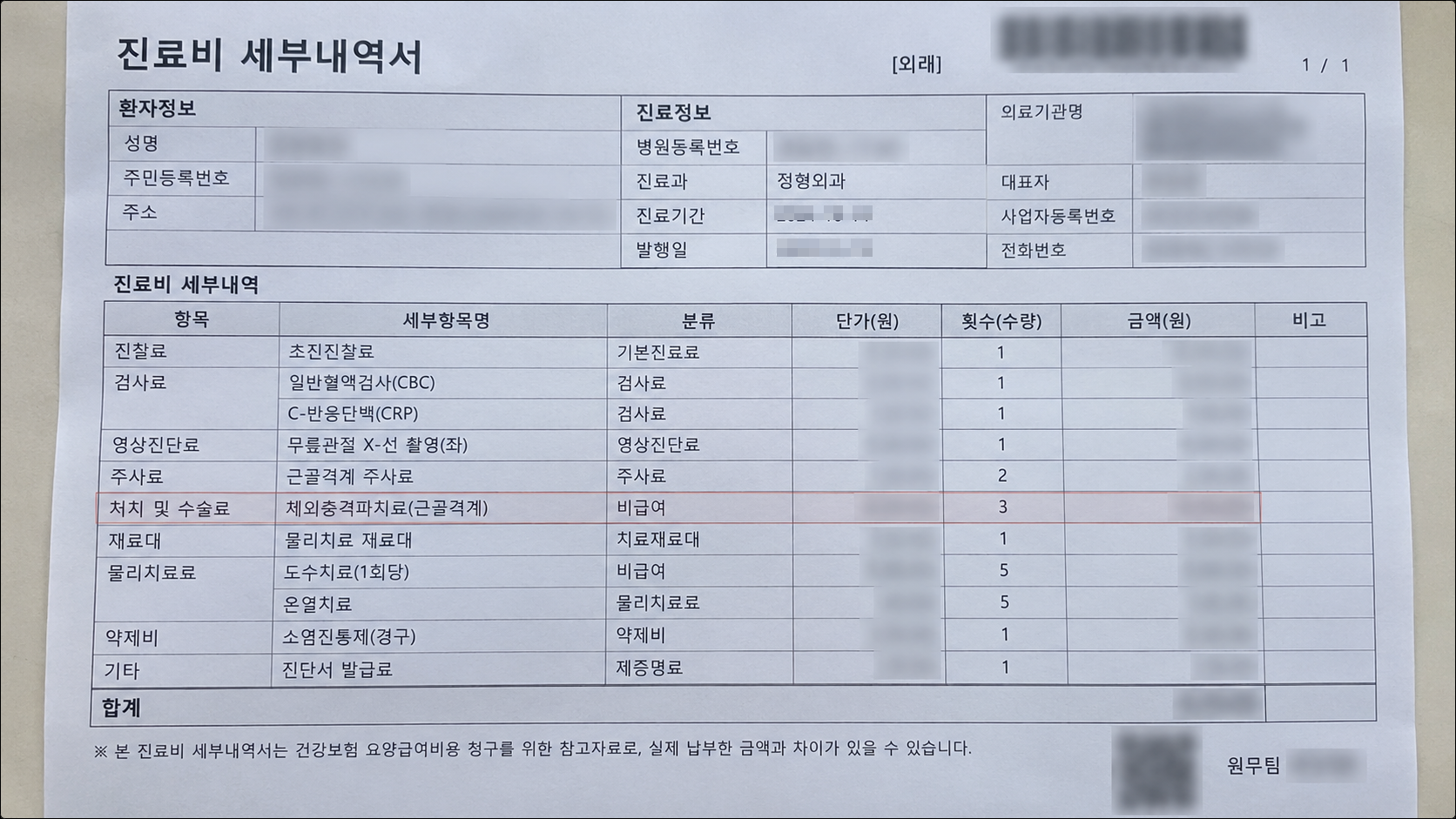 진료비 세부내역서 비급여 항목 사진