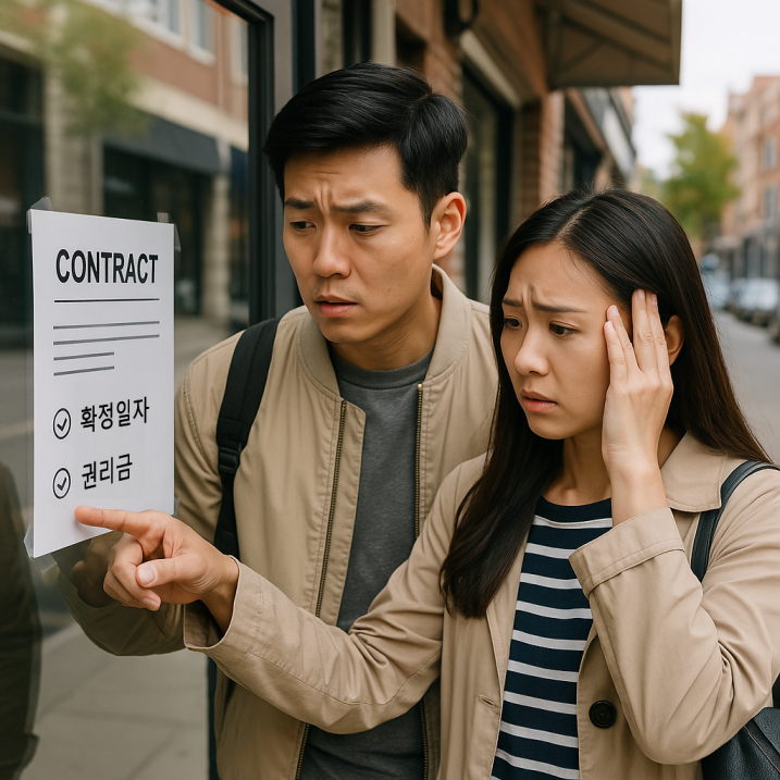 상가건물 임대차계약서를 살펴보는 동양인 남성의 모습으로, &lsquo;확정일자&rsquo;와 &lsquo;권리금&rsquo; 항목이 강조된 문서를 바라보며 손가락으로 가리키는 장면을 실사형으로 묘사한 이미지. 임차인의 법적 착오나 실수를 경고하는 컨셉.