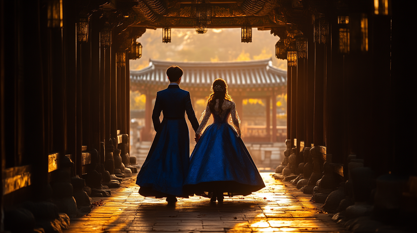 젊은 남녀가 한복을 입고 한국 전통문화체험을 하는 모습 