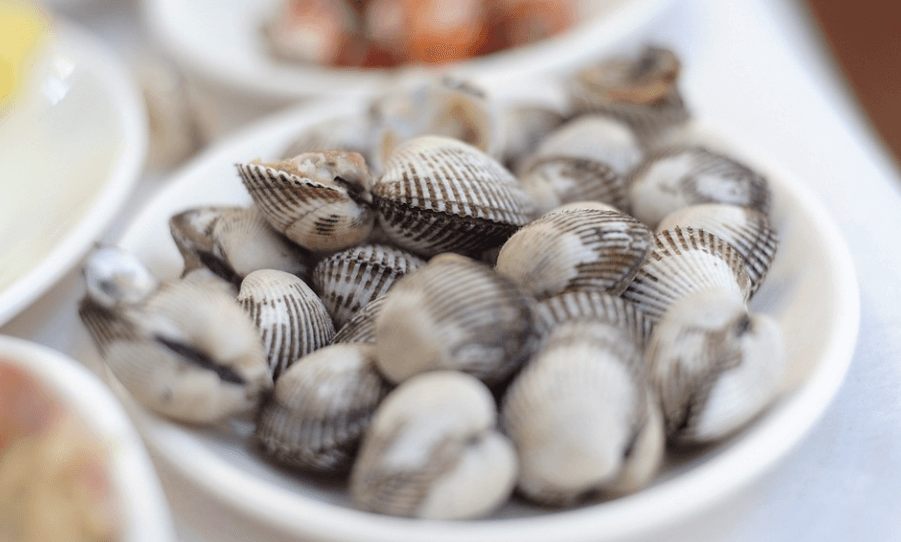 2월 제철 음식 삶은 꼬막이 접시에 담겨 있다