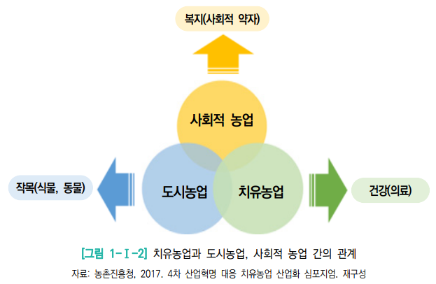 치유농업과 도시농업, 사회적 농업간의 관계. (자료: 농촌진흥청 2017. 4차산업혁명 대응 치유농업 산업화 심포지엄, 재구성)