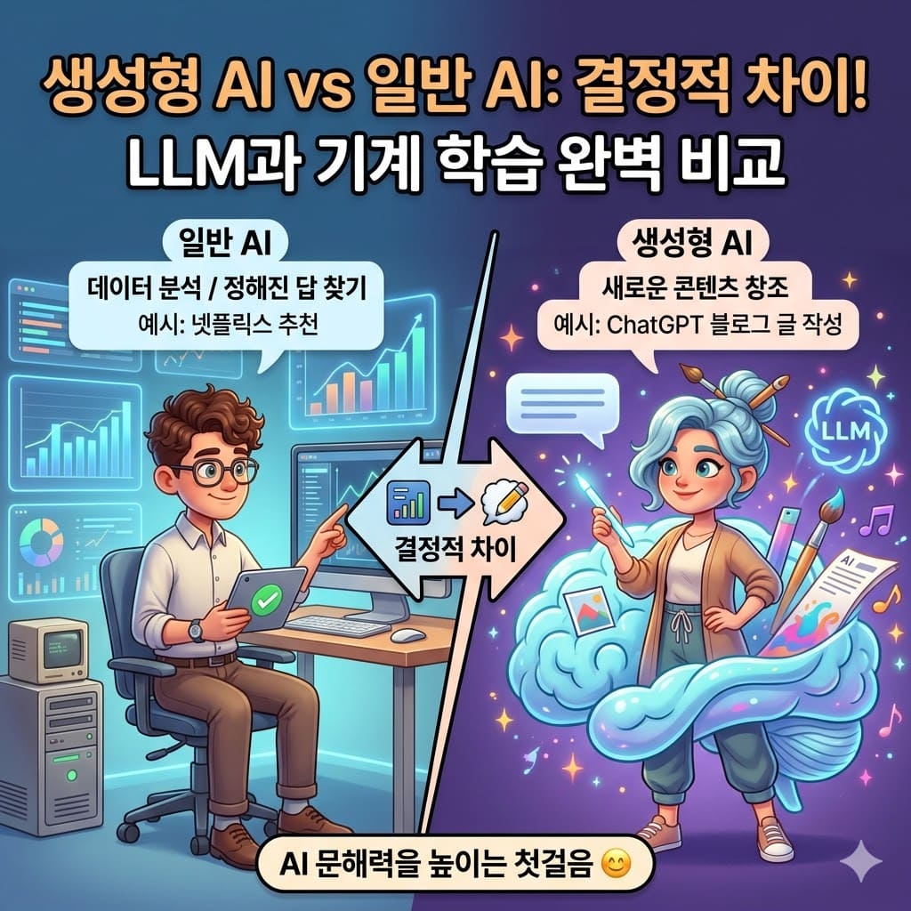 생성형 AI와 일반 AI의 결정적 차이: 대규모 언어 모델(LLM)과 기계 학습 완벽 비교