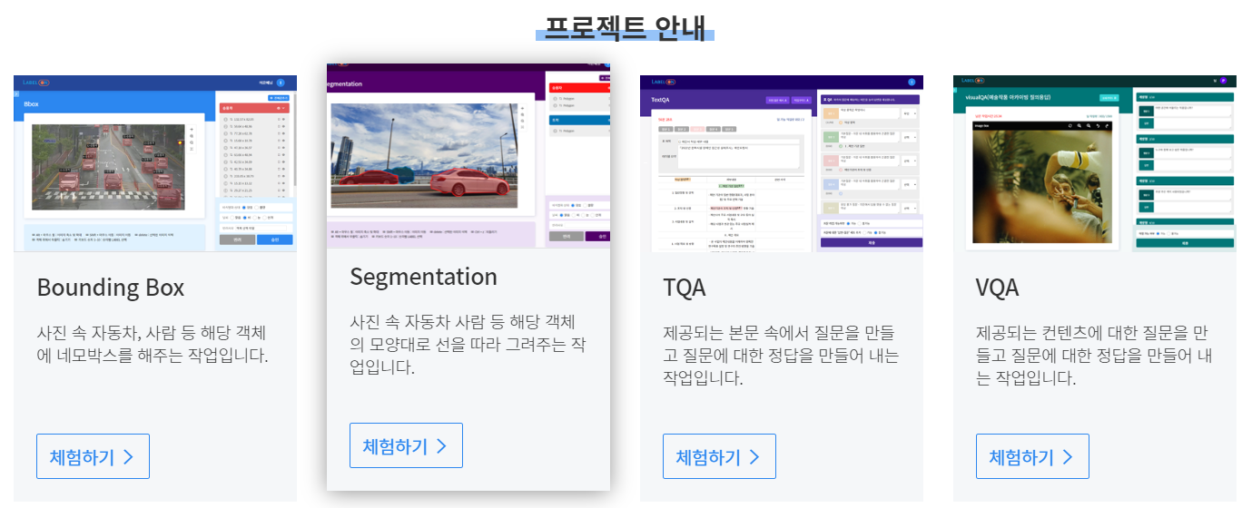 데이터 라벨링사이트 라벨온의 프로젝트 체험하기 화면