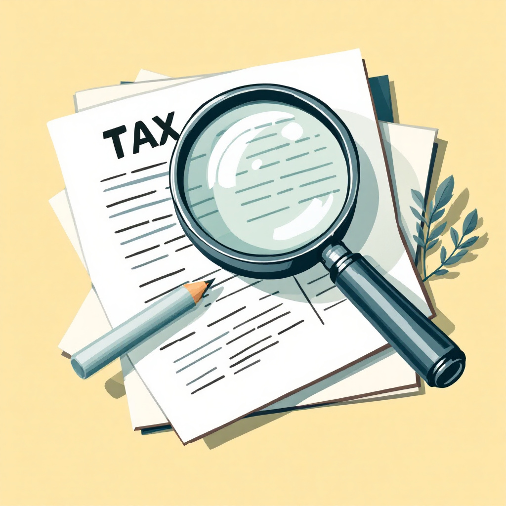 증여 관련 세금 서류와 돋보기가 놓인 일러스트