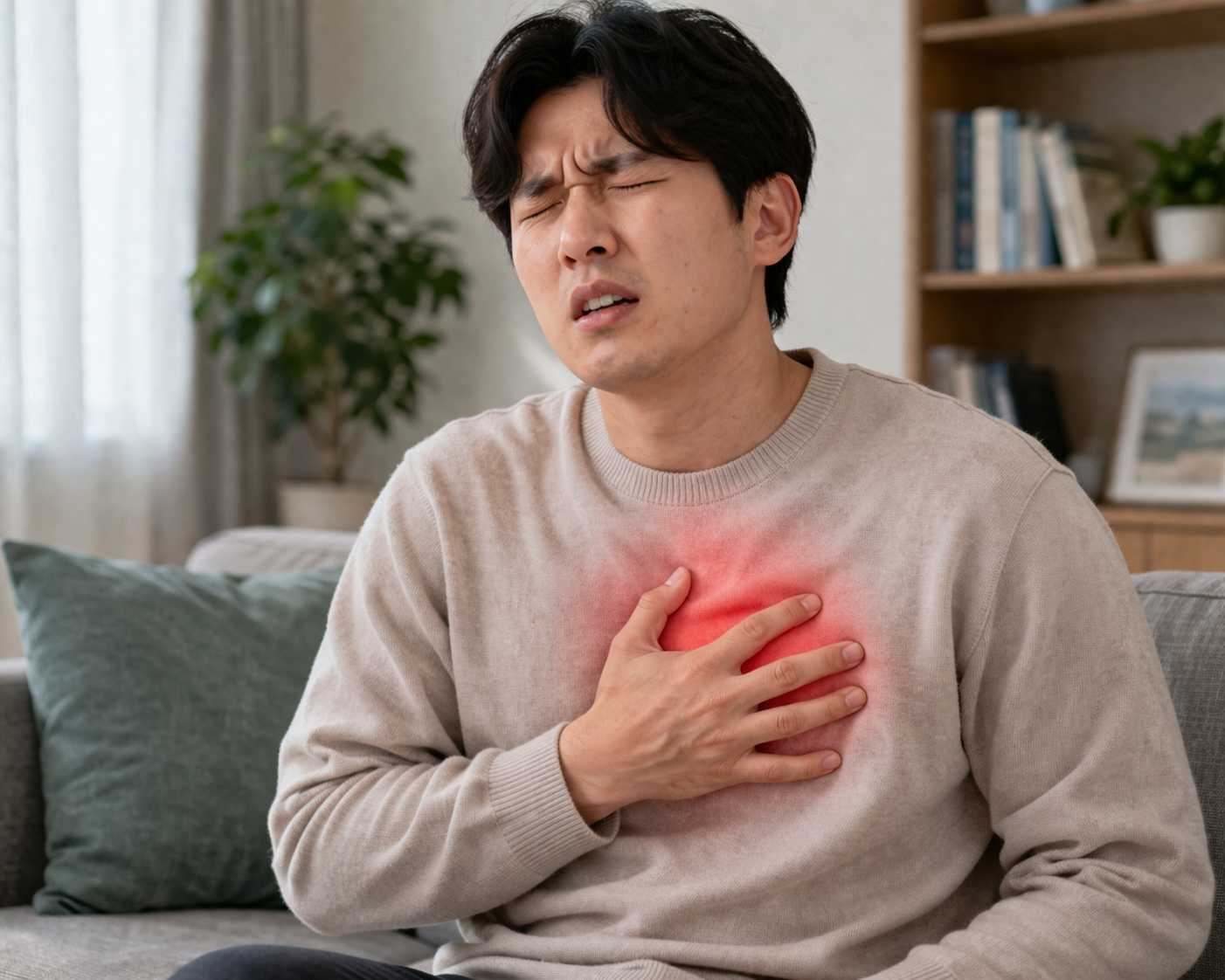 역류성 식도염으로 가슴에 통증을 느끼는 남성의 모습