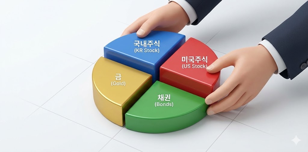 흩어진 비중의 파이 차트를 다시 25%씩 예쁘게 맞추는 투자자의 손을 형상화한 그래픽