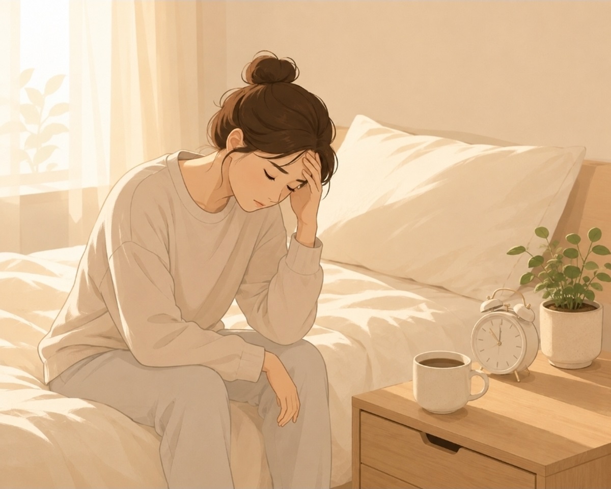 만성 피로를 표현한 침실 속 피곤한 사람 일러스트