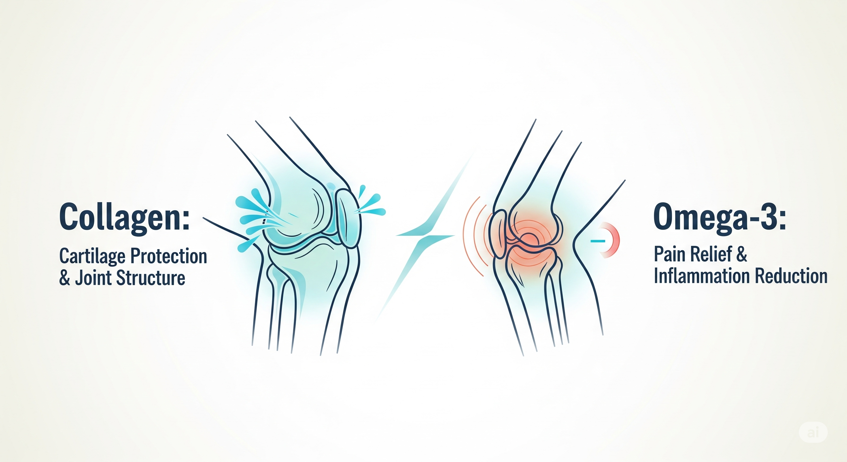 "관절 - 콜라겐의 연골 보호 vs 오메가3의 통증 완화"에 대한 이미지입니다.
