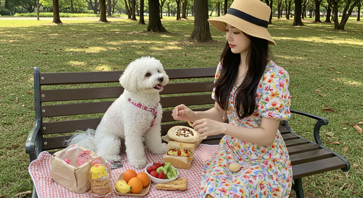 에버랜드에서 반려견과 추석 보내는 여성 이미지
